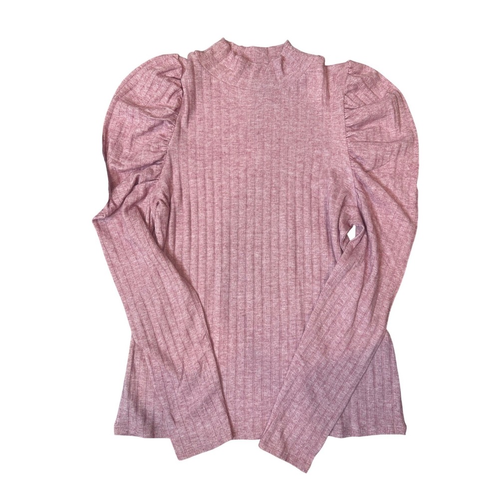 New Zenana Small Light Rose Pink Mock Neck Puff Sleeve Ribbed Top HT-2273Y - Picture 3 of 7